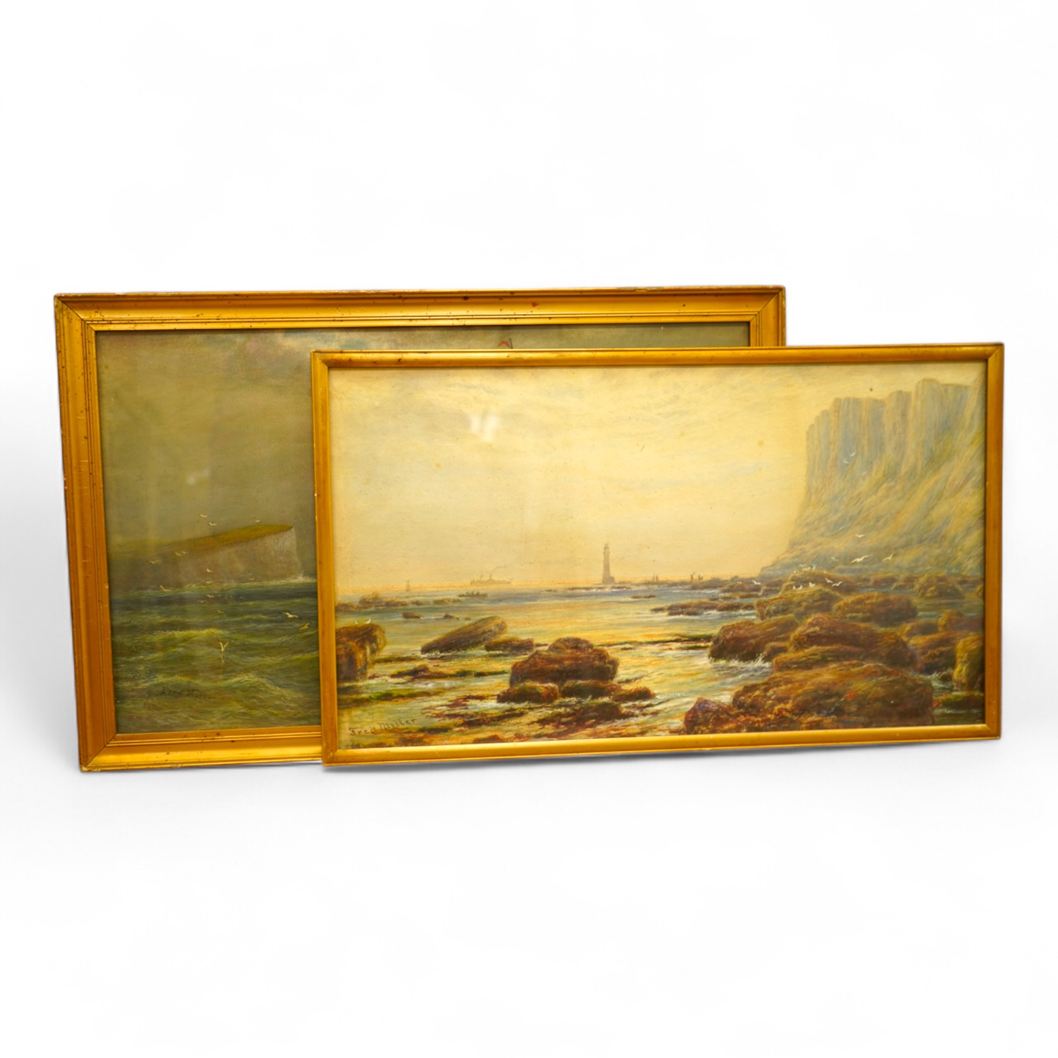 Frederick Miller (fl.1880-1892), Seaford and Beachy Head Views, each signed, two watercolours and mixed medias, 30 x 50cm